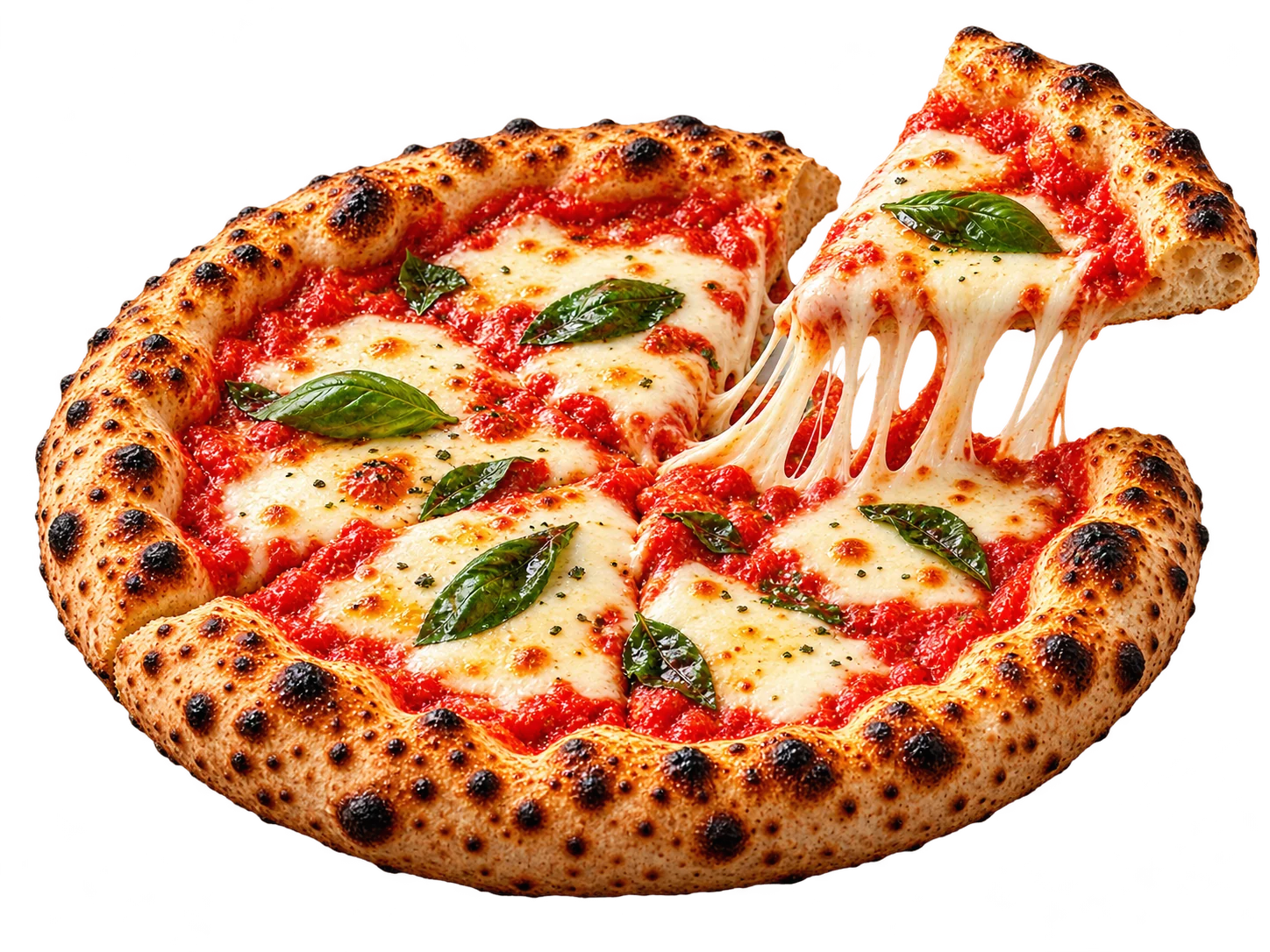 Margherita s bazalkou a vytiahnutým kúskom s roztápajúcou sa mozzarellou